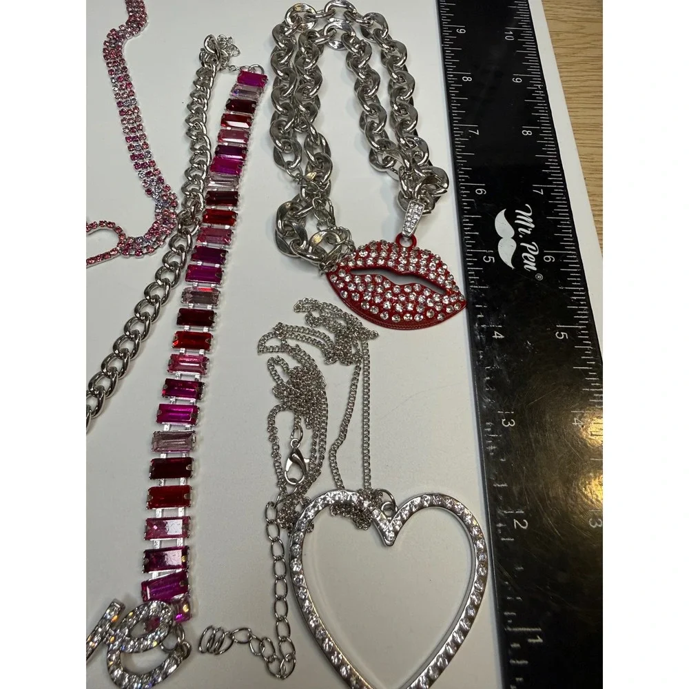 6pc Romantic Jewelry Lot Rhinestone Heart Love Lips Locket Necklaces Red Pink